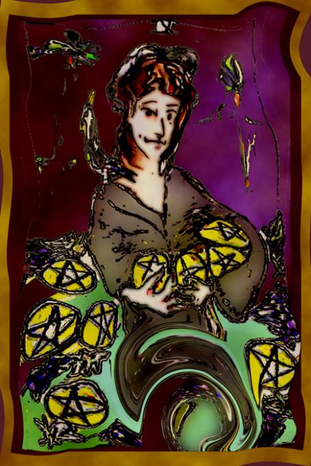 Nine of Pentacles, Veryshopped;colored pencil on index cards, pho'pped; 2005-2009